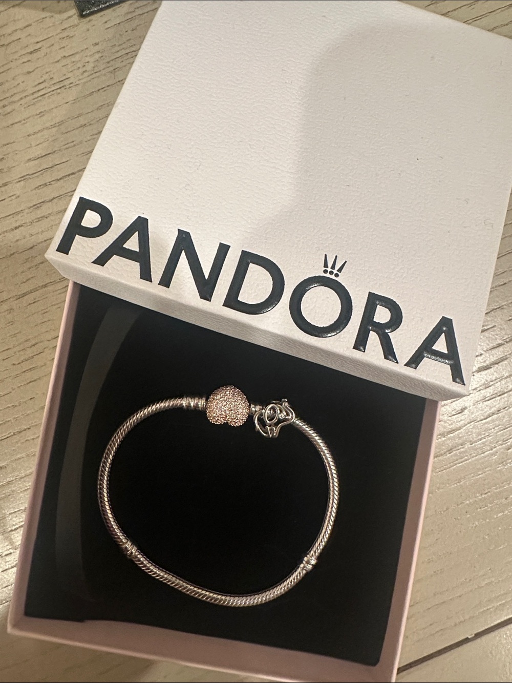 Pandora Rose Gold Tone Snake Chain Bracelet with Pavé Clasp Brand New